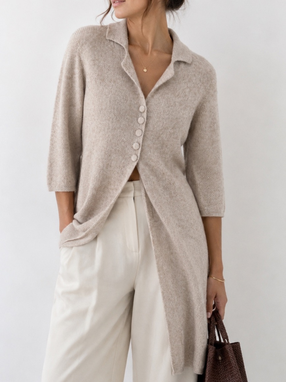 100% Baby Alpaca Beige Knit Long Cardigan Coat Made in Peru, size S